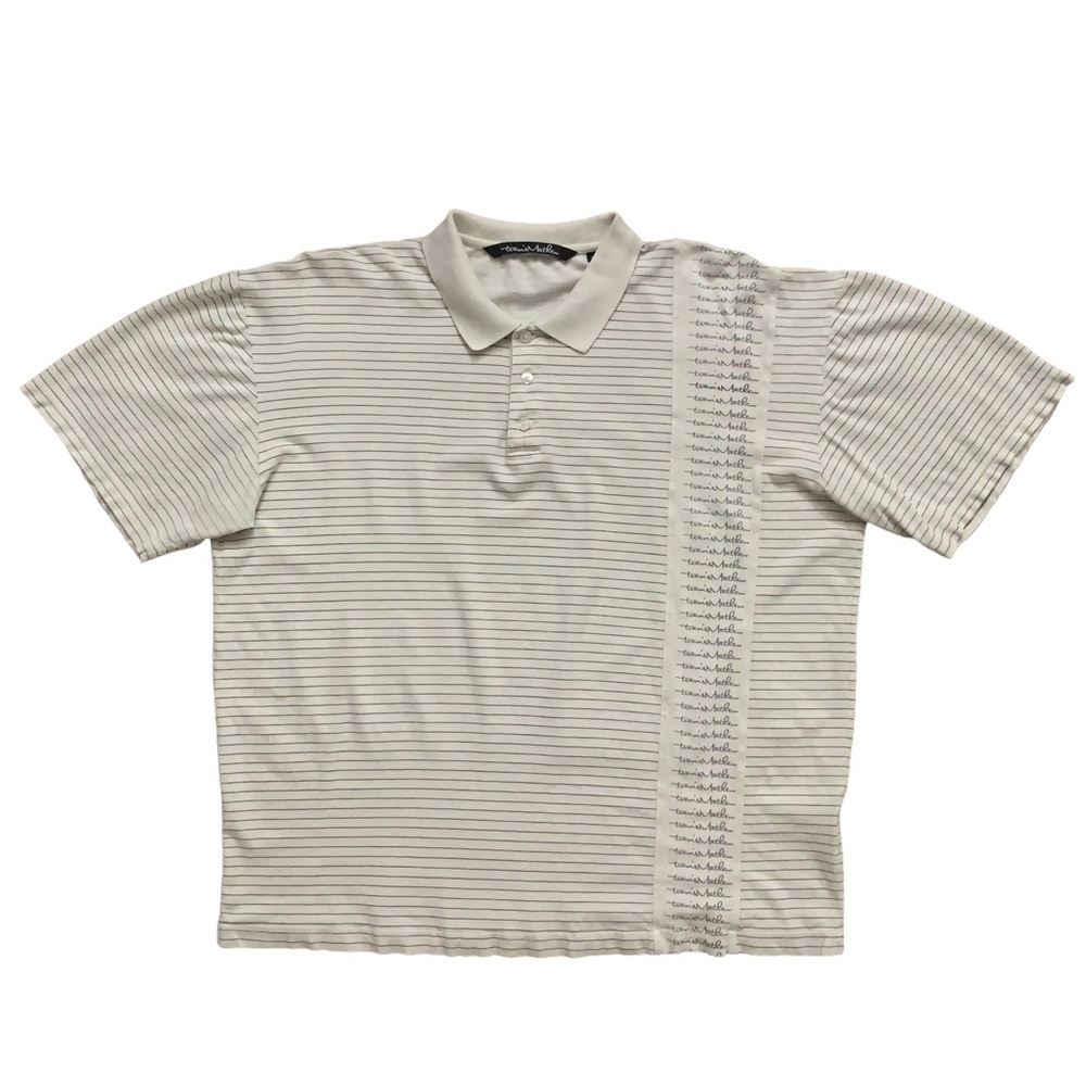 Travis Mathew Polo Shirt Mens Size L Short Sleeve Golf White Striped Logo Print